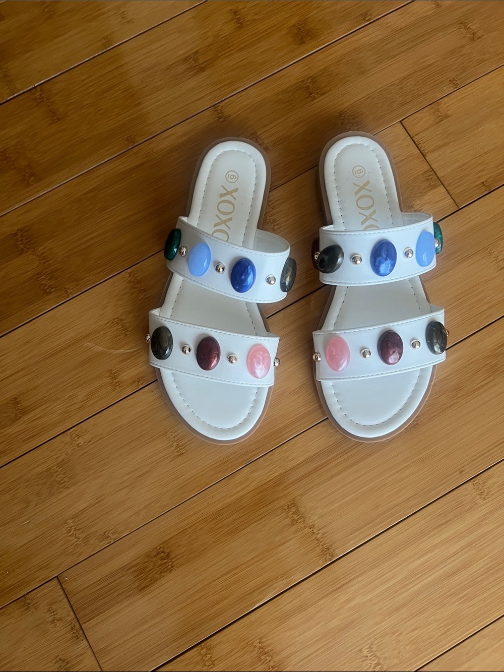 XOXO White Slide Sandals with Multicolor Gem Accents
